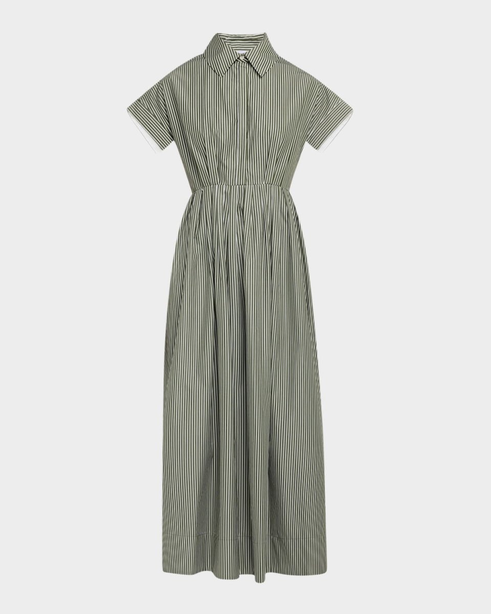 Striped Short-Sleeve Pleated Midi Shirtdress